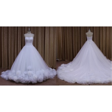 Long Train Puffy A-Line with Hand-Made Flowers Wedding Dress