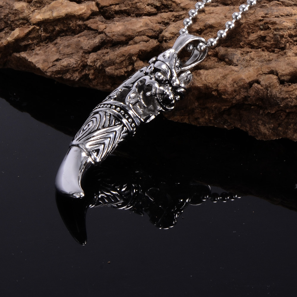 Antique Stainless Steel Mens Wolf Tooth Pendant Necklace