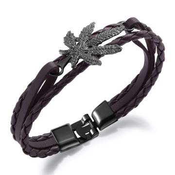 Womens braided leather maple leaf bracelet