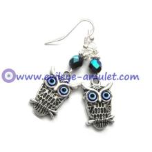 Evil Eye Owl Dangle Earrings, Antique Silver Blue Earrings