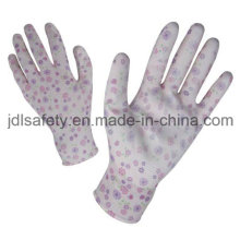 Imprimé des gants de travail Polyester avec PU paume enduite (PN8014-5)