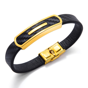 Pulseras de cuero para hombre y acero inoxidable chapado en oro.