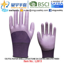 13G poliéster Shell espuma látex 3/4 recubierto, suave acabado guantes (L2613) con CE, En388, En420, guantes de trabajo