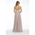 Rose English Net A-Line Bridesmaid Dress with Caviar Bodice, High Neck Halter Neckline and Circular Skirt