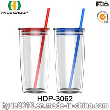 Taza plástica de 20 oz por mayor de doble pared, promoción BPA libre vaso plástico con paja (HDP-3062)