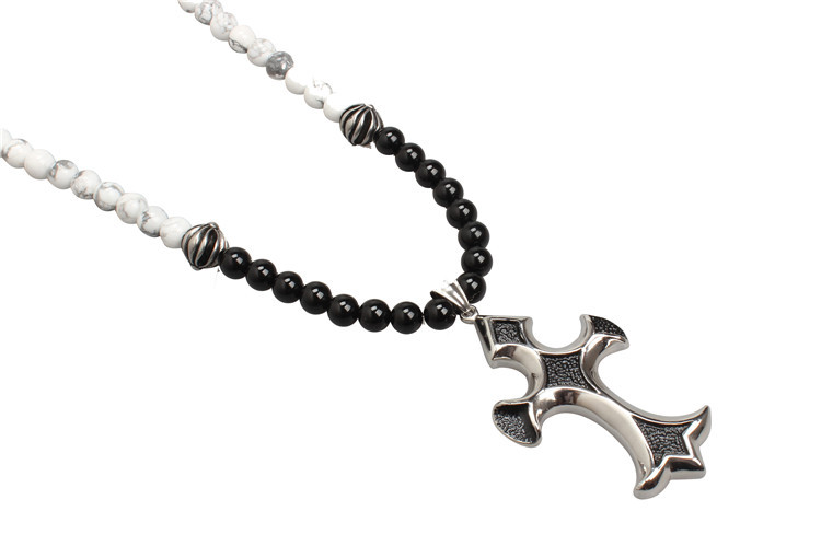 Agate Stone Bead Stainless Steel Cross Pendant Necklace