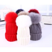 Atacado de peles POM POM lã malha de inverno Beanie Cap Hat