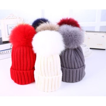 Venta al por mayor de piel POM POM lana tejida invierno Gorra Cap Gorra