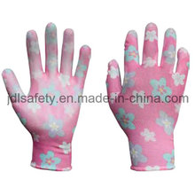 Printed Polyester Work Glove with PU Palm Coated (PN8014-6)