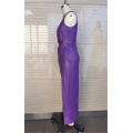 Senhoras sem mangas sexy slim dividir vestido PU roxo