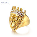 Venta al por mayor de Iced Out Jewelry Crystal Gold Lion Ring