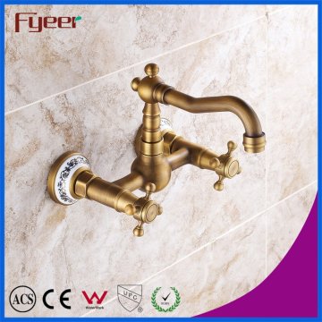 Fyeer Double Cross Handle Wall Mounted Antique Kitchen Faucet