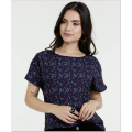 Blusa elegante de chiffon com gola redonda estampada nas costas