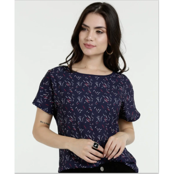 Blusa elegante de chiffon com gola redonda estampada nas costas