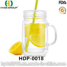 Doulble mur BPA libre en plastique Mason Jar avec paille (HDP-0018)