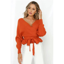 Women's V Neck Belted Waist Ruffle Pullover Top