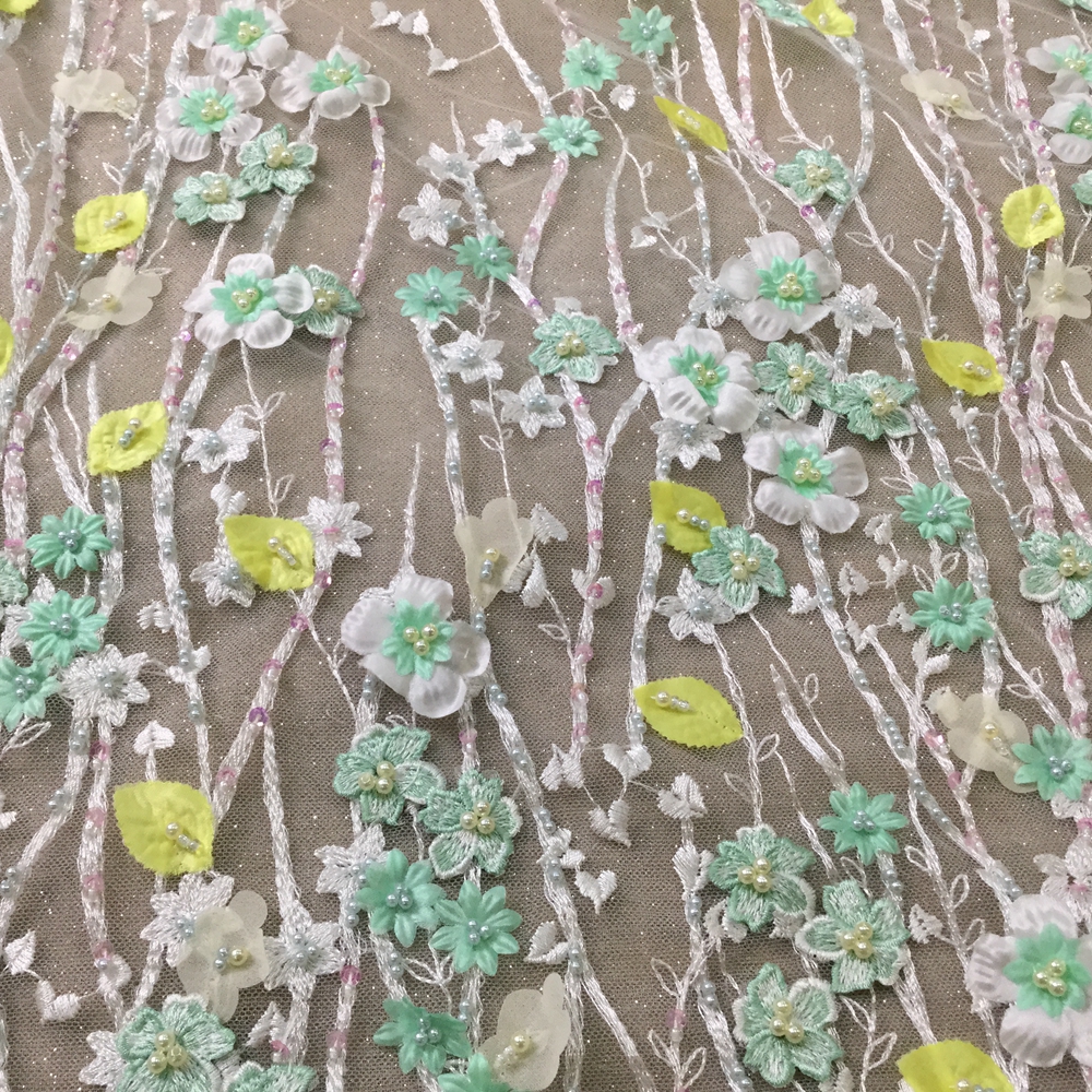 Green Beaded Wedding lace Handwork Fabric