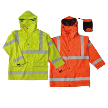 Hi-vis waterproof rain coat with reflective tape.