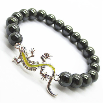 Hematite 8MM Round Beads Stretch Gemstone Bracelet with Diamante alloy lizard Piece