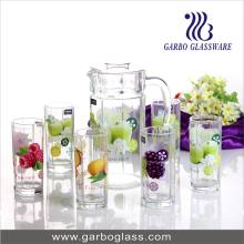 Conjunto de bebidas de vidro agradável, 7 PCS conjunto de água com flor de decalque, conjunto de limão para o suco