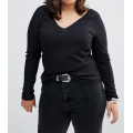 Preto Plus Size Moda V Neck Atacado Personalizado Mulheres Camiseta