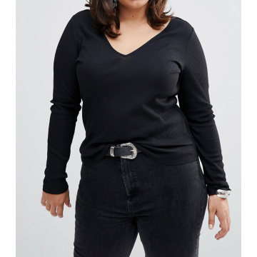 Preto Plus Size Moda V Neck Atacado Personalizado Mulheres Camiseta