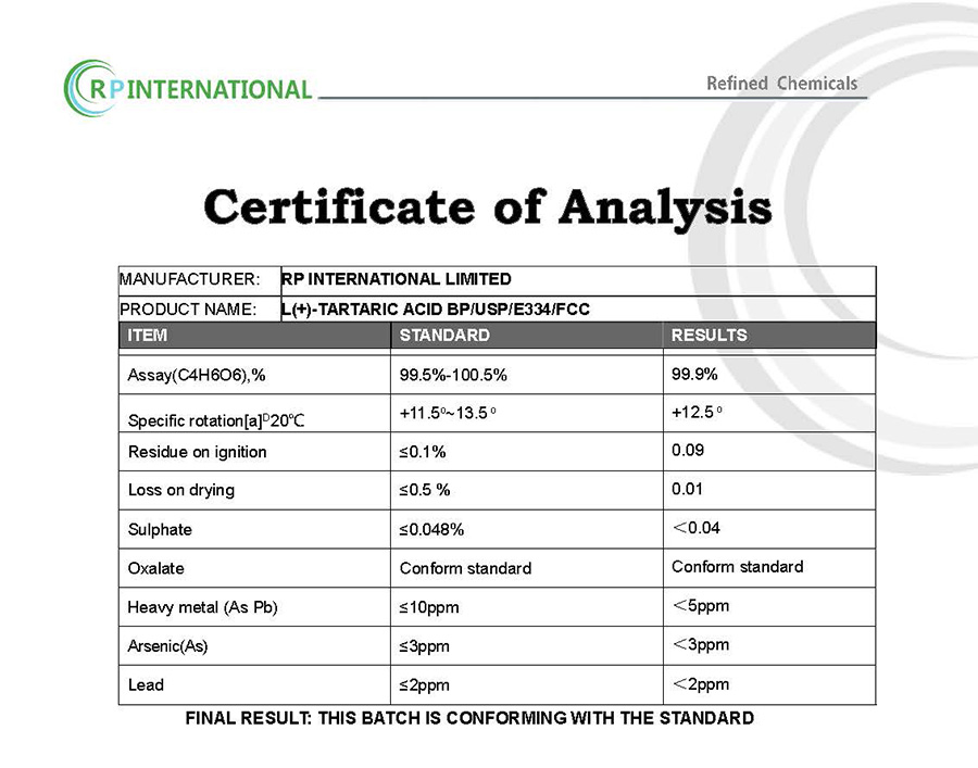 Specification L Tartaric Acid