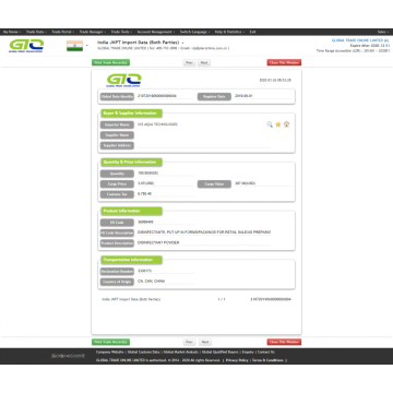 Désinfectant Inde Import Base de données