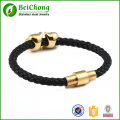 Tête de lion d'or en cuir véritable noir bracelet en acier inoxydable