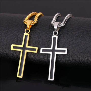 Collier pour hommes bijoux inox 316L acier inoxydable 18K plaqué or Croix religieuse Christian Black croix pendentif