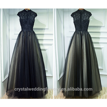 New Arrival Lace Top Vestido De Festa Long Floor Length Chiffon Evening Dress Party Black Long Prom Dresses CWFP2435