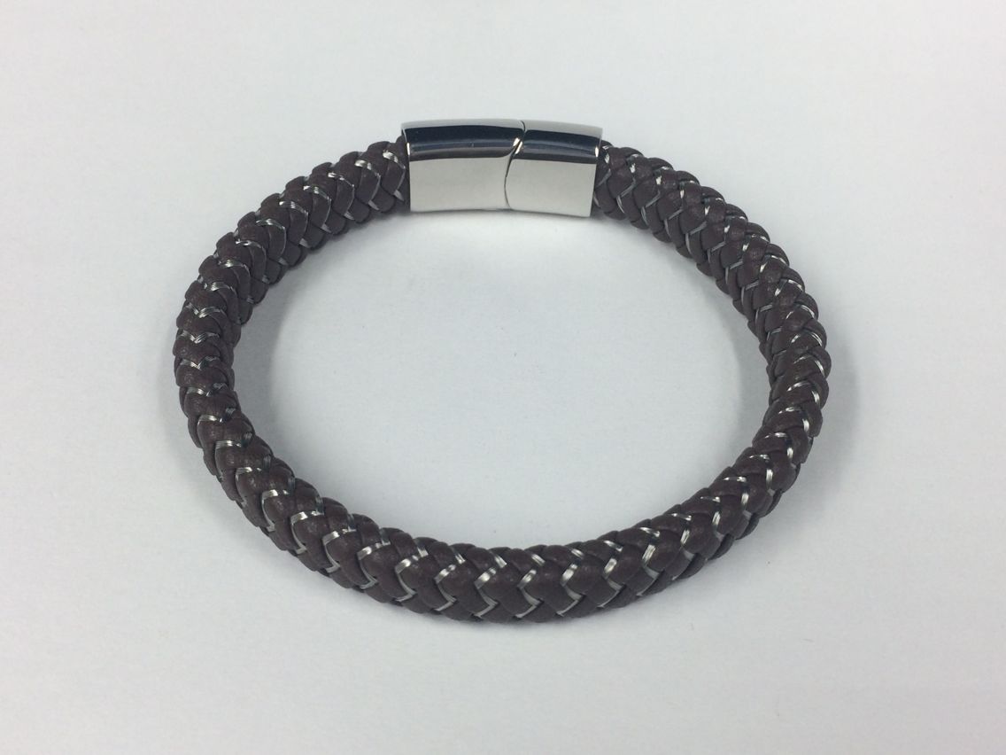 Mens Weave Leather Wire Rope Magnetic Clasp Bracelet