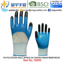 13G poliéster Shell Nitrilo 3/4 recubierto, dedos guantes reforzados (N2003) con CE, En388, En420, guantes de trabajo