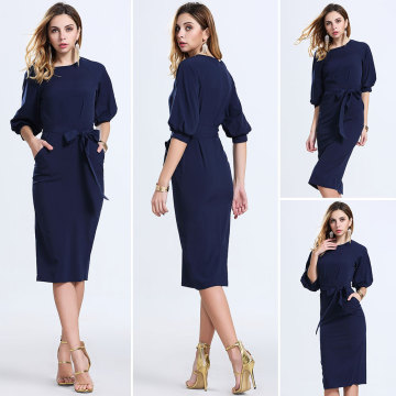 Collier mi-manche à col rond Slim Peplum Pencil Robe élégante