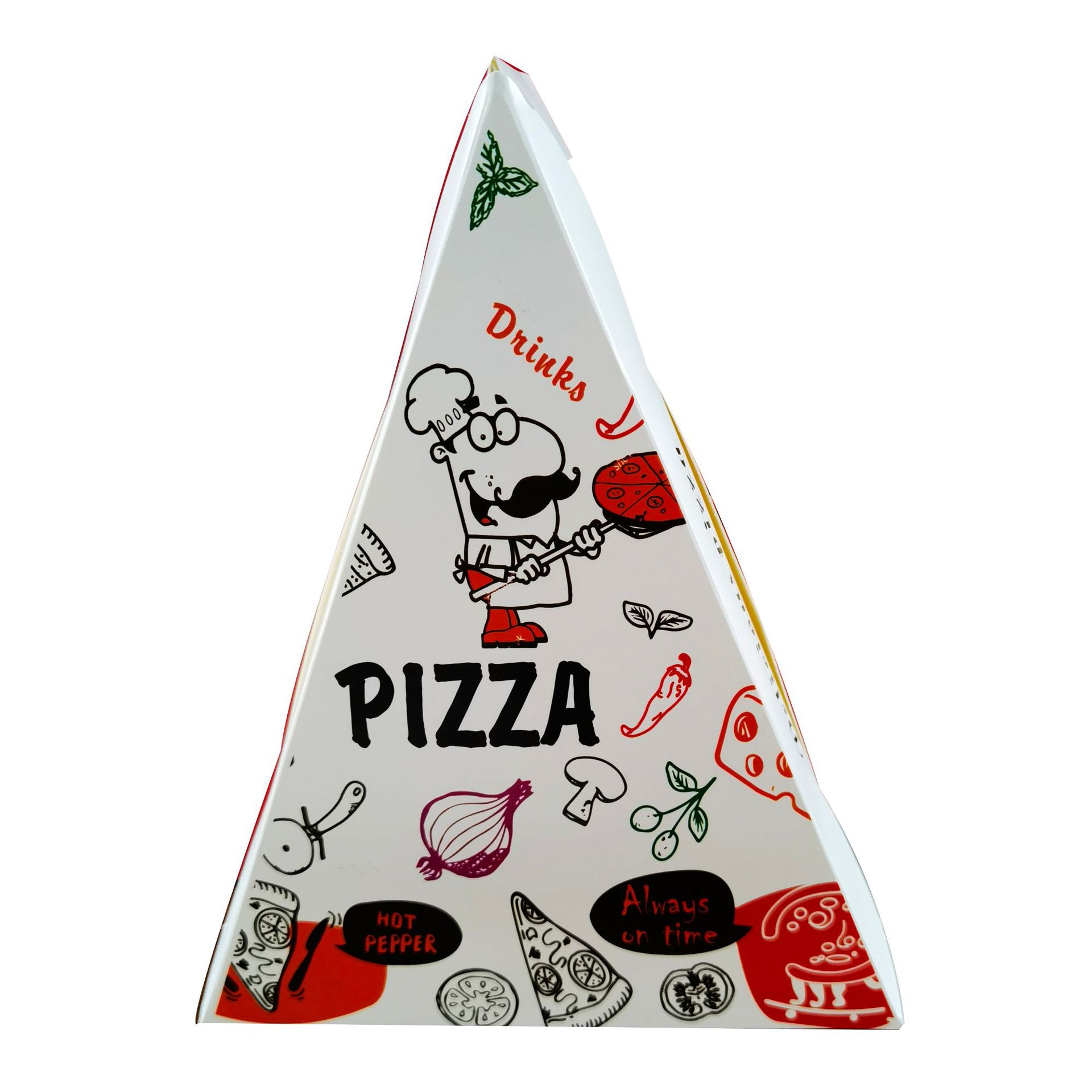 Custom triangular pizza box with logo food packing The triangular pizza box is made of food grade white cardboard material, which can directly contact food and ensure food safety. We can customize logos with rich colors and clear printing. The pizza box is made of thickened material, it has strong load-bearing capacity, is more sturdy and durable, ensuring product quality. In addition, the triangle shape pizza box also has waterproof, moisture-proof, strong load-bearing capacity and good cushioning functions, which can be used with confidence Product Description Item: Pizza box Usage: take away food, pizza, chicken nuggets, cupcake, bread, etcFood, etc. MOQ: 500pcs (The larger the quantity, the cheaper the individual price.) Size: custom Logo: custom Material Option: 3 layers corrugated board, etc Sample: 1. Digital Sample time: 3-5 days 2.Sample fee: charge according to product details 3. Send sample: via TNT, UPS, FedEX, DHL, Express Lead time: About 10-15 days (Depends on quantity) Packing: In Standard Export Box Or Customers' Specific Requirements Custom triangular pizza box with logo food packing The triangular pizza box is made of food grade white cardboard material, which can directly contact food and ensure food safety. We can customize logos with rich colors and clear printing. The pizza box is made of thickened material, it has strong load-bearing capacity, is more sturdy and durable, ensuring product quality. In addition, the triangle shape pizza box also has waterproof, moisture-proof, strong load-bearing capacity and good cushioning functions, which can be used with confidence Product Description Item: Pizza box Usage: take away food, pizza, chicken nuggets, cupcake, bread, etcFood, etc. MOQ: 500pcs (The larger the quantity, the cheaper the individual price.) Size: custom Logo: custom Material Option: 3 layers corrugated board, etc Sample: 1. Digital Sample time: 3-5 days 2.Sample fee: charge according to product details 3. Send sample: via TNT, UPS, FedEX, DHL, Express Lead time: About 10-15 days (Depends on quantity) Packing: In Standard Export Box Or Customers' Specific Requirements