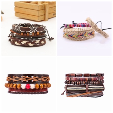 corrente de elos pulseiras pulseira de couro trançado manguito masculino e feminino conta de madeira enrolada tribo étnica ajustável