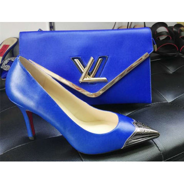 Sapato feminino de cor azul com sapatos femininos com bolsa correspondente (G-2)