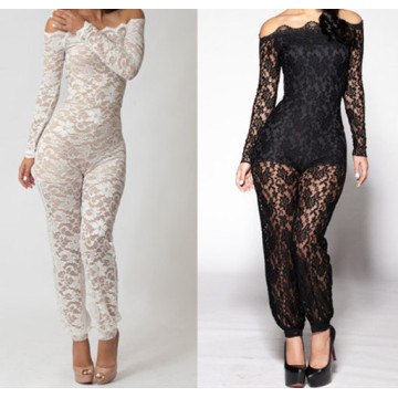 New Design Floral Lace Body Lining Off Shoulder Sexy Black Lace Jumpsuit