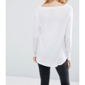 White Long Sleeve and DIP Back Wholesale Fashion Women T Shirt