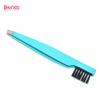 Slanted end Stainless steel eyebrow tweezers with brush