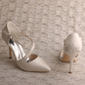 Ivory Satin Black Pointed High Heel Wedding Party Shoes