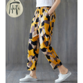 Women vintage cotton linen printed pants casual pants