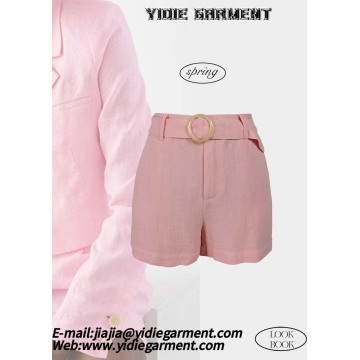 Women's Pink High-waisted Linen Pleated Shorts