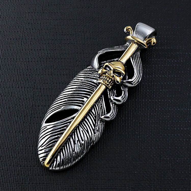 Mens Vintage Stainless Steel Skull Feather Charm Pendant