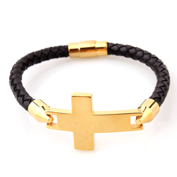 Stainless steel mens leather sideways cross bracelet