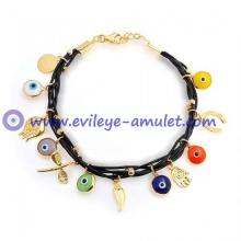 Good Luck Bracelet Multi Color Vermeil Brown Leather Evil Eye Charm Bracelet