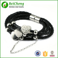 Men Fashion Charm Bracelet Black Genuine Leather Silver Heart With Rhinestone Stainless Steel Bracelet Bangles