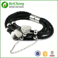 Hombres moda pulsera de cuero genuino negro plata corazón con brazaletes del Rhinestone de la pulsera de acero inoxidable