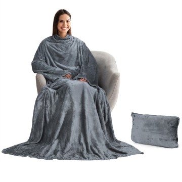 Wearable throw tv blanket with sleeves and pocket