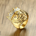 Venta al por mayor de Iced Out Jewelry Crystal Gold Lion Ring